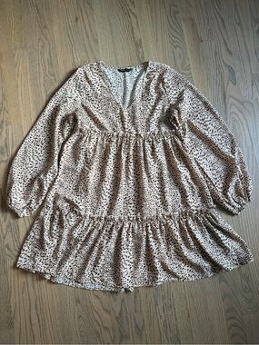 Light Beige Printed V-Neck Tiered Dress